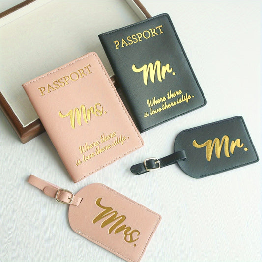 Lot de 2 étuis pour passeport + 2 étiquettes de bagage MR/MRS