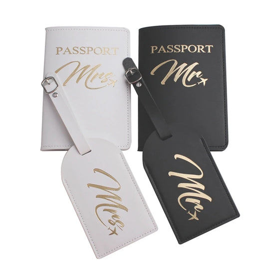 Lot de 2 étuis pour passeport + 2 étiquettes pour bagage MR/MRS